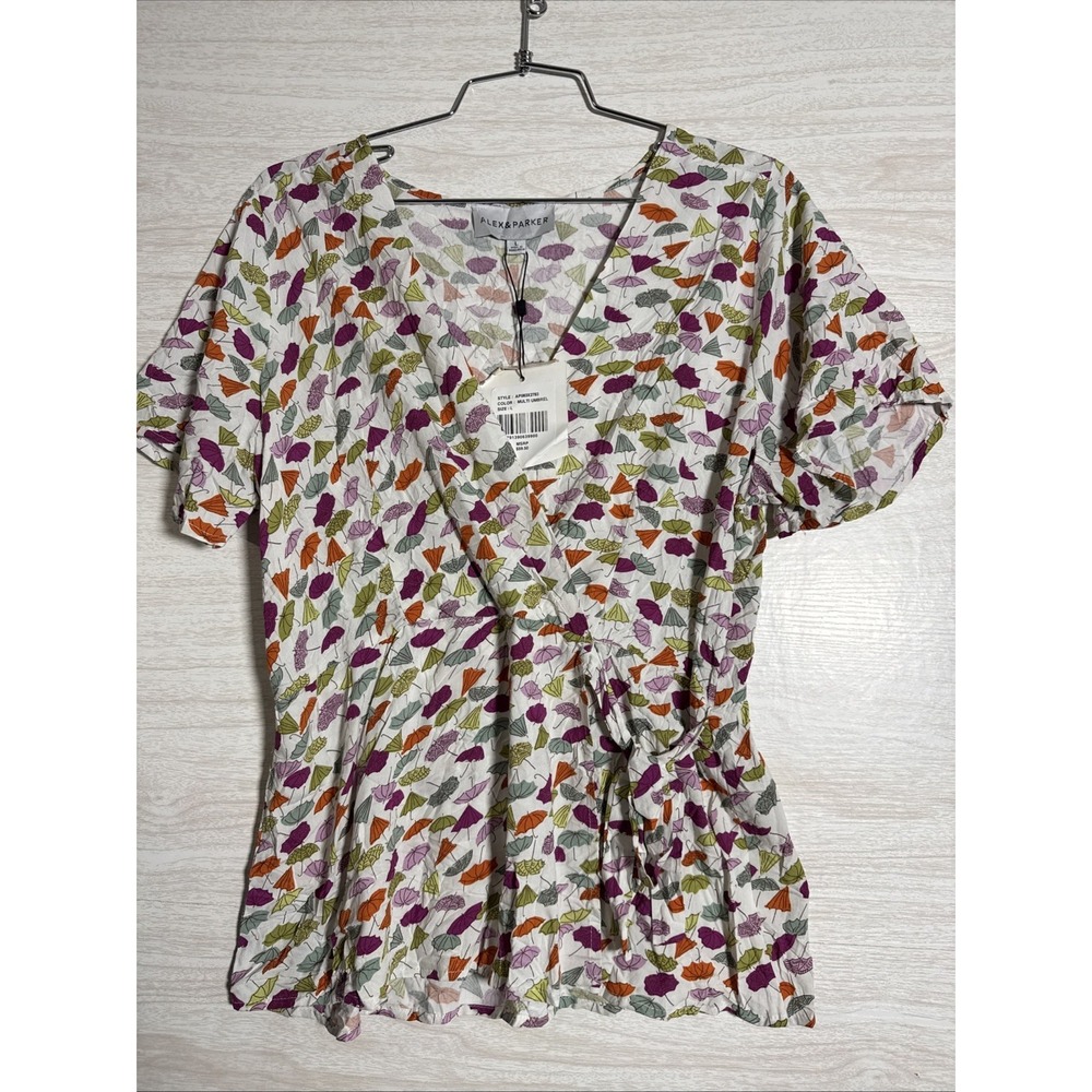 NWT Alex & Parker Short Sleeve Peplum Wrap Multicolor Umbrella Blouse Sz Lg